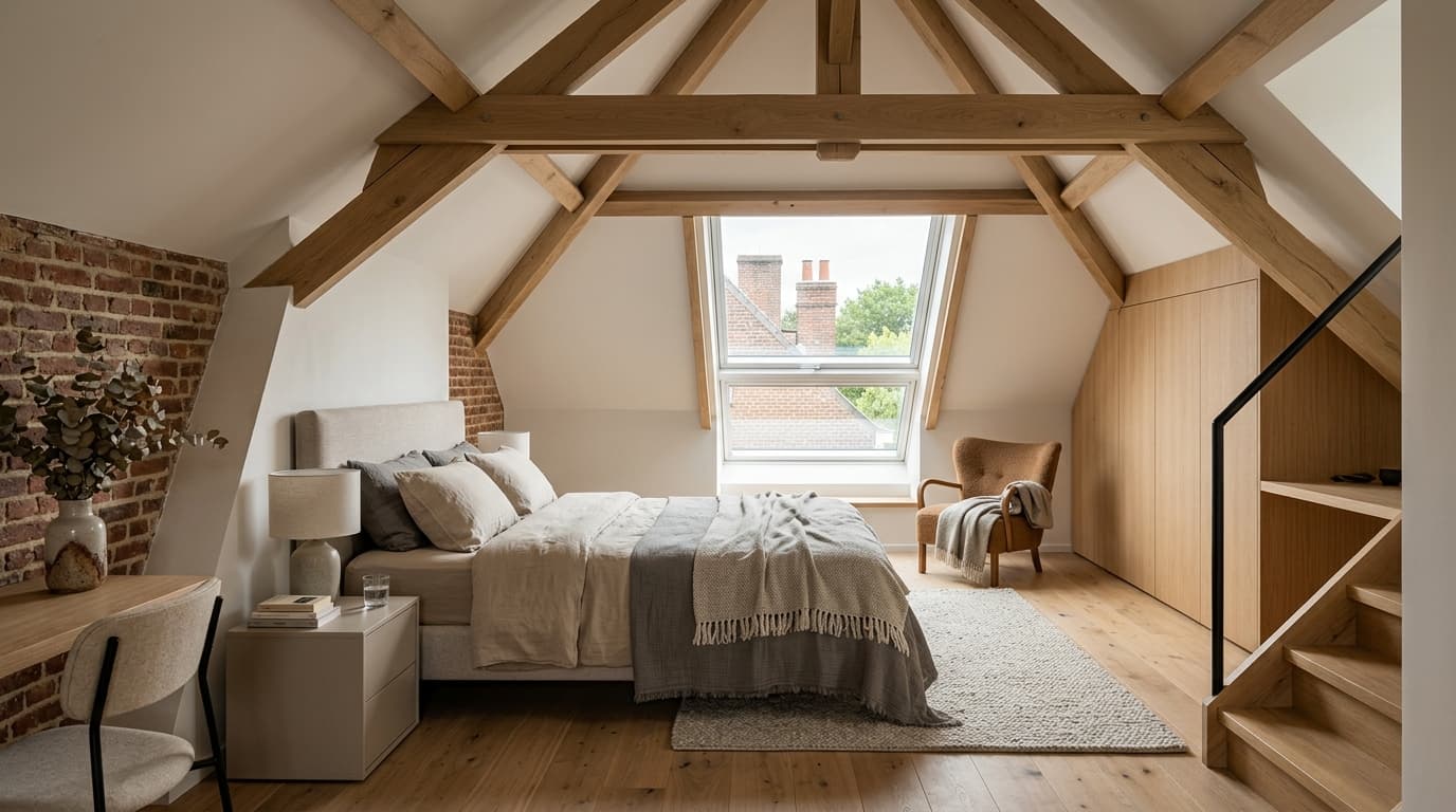 Intérieur contemporain rénové : Aménager un grenier en chambre d'amis