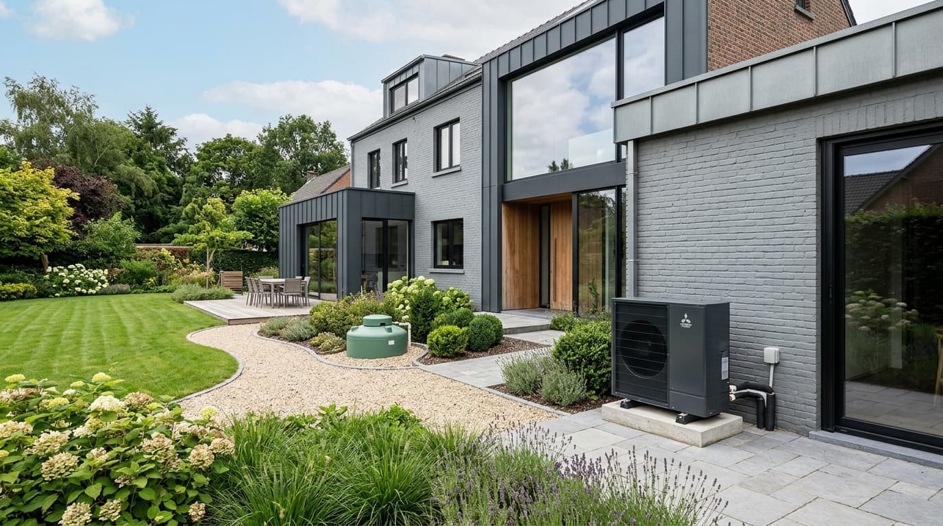 Maison belge contemporaine rénovée : Citerne à mazout et passage à la pompe à chaleur