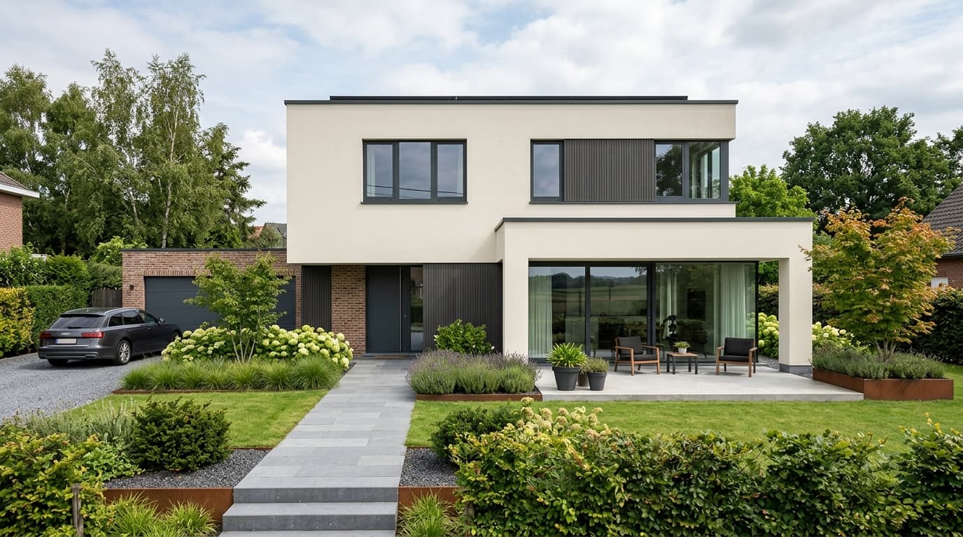 Maison belge contemporaine rénovée : Crépi sur isolant (ETICS)
