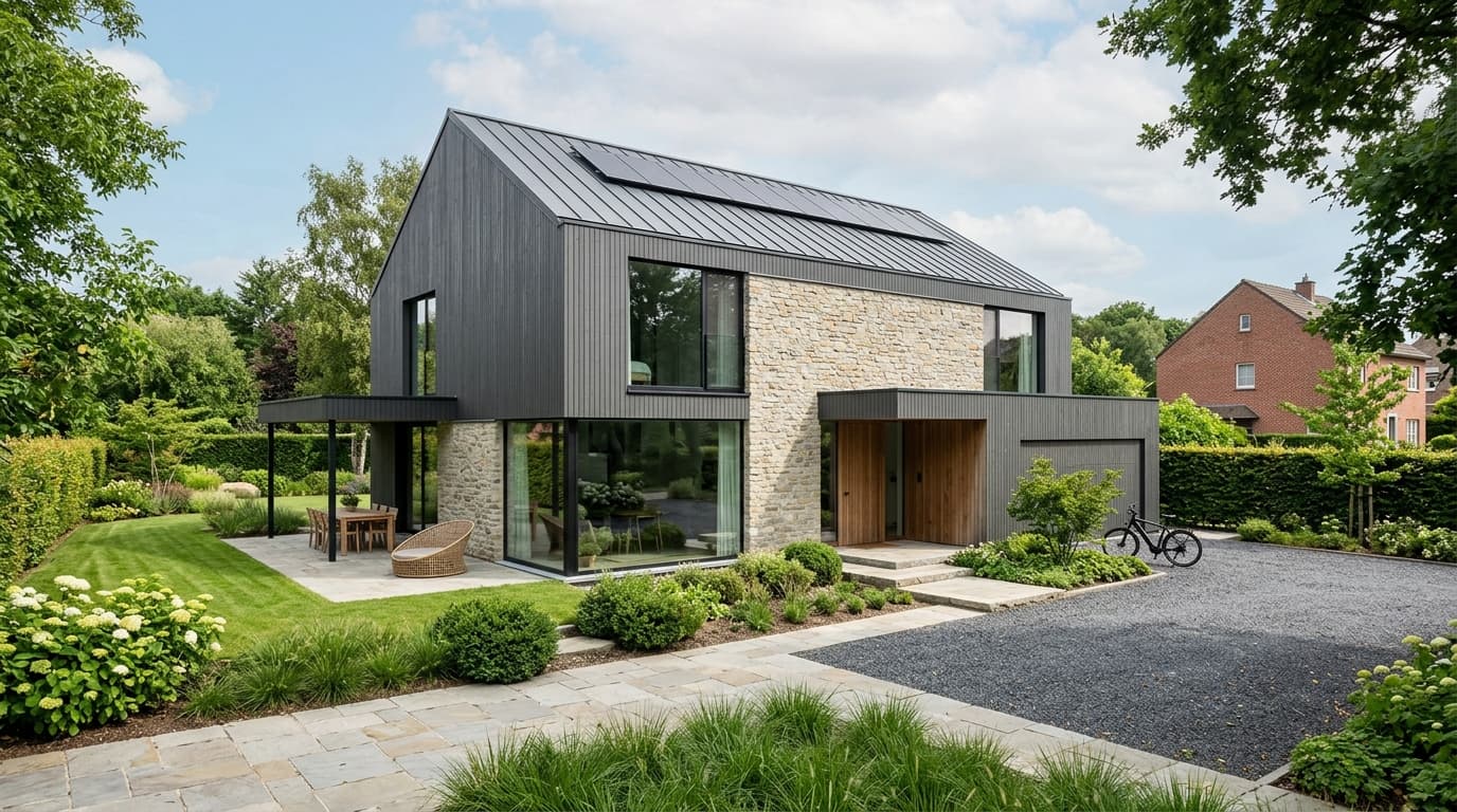 Maison belge contemporaine rénovée : Chauffage fossile exclu des aides