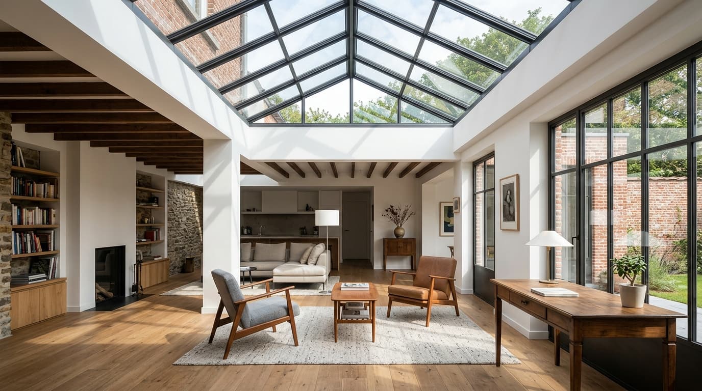 Intérieur contemporain rénové : La verrière de toit style atelier