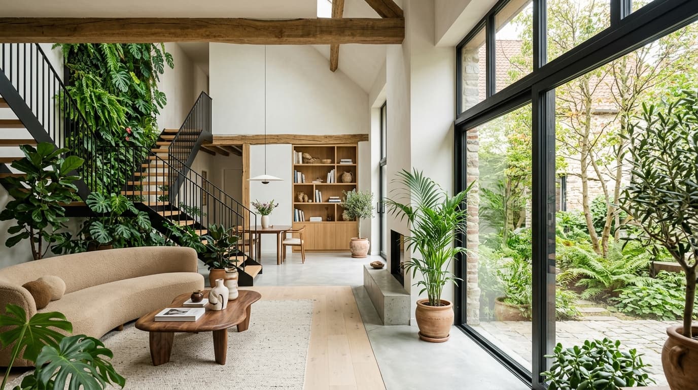Intérieur contemporain rénové : Design biophilique