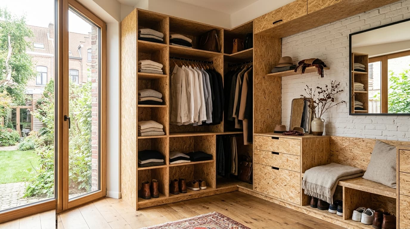 Intérieur contemporain rénové : Dressing sur mesure en OSB ou MDF