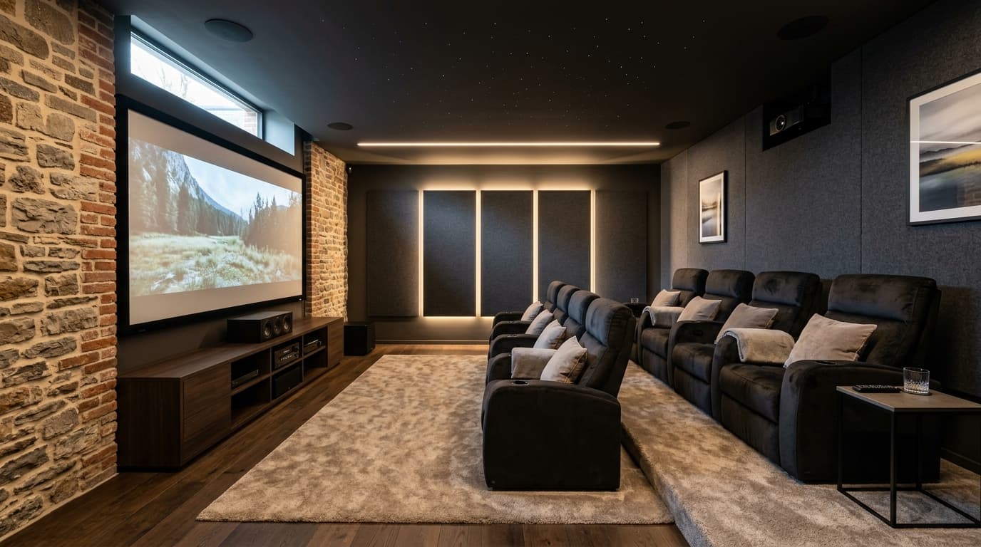 Intérieur contemporain rénové : Home cinéma en sous-sol