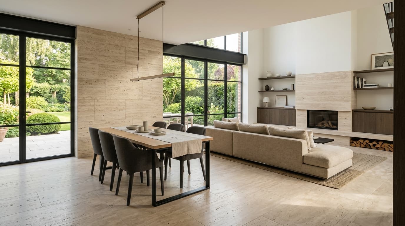 Intérieur contemporain rénové : Le travertin moderne