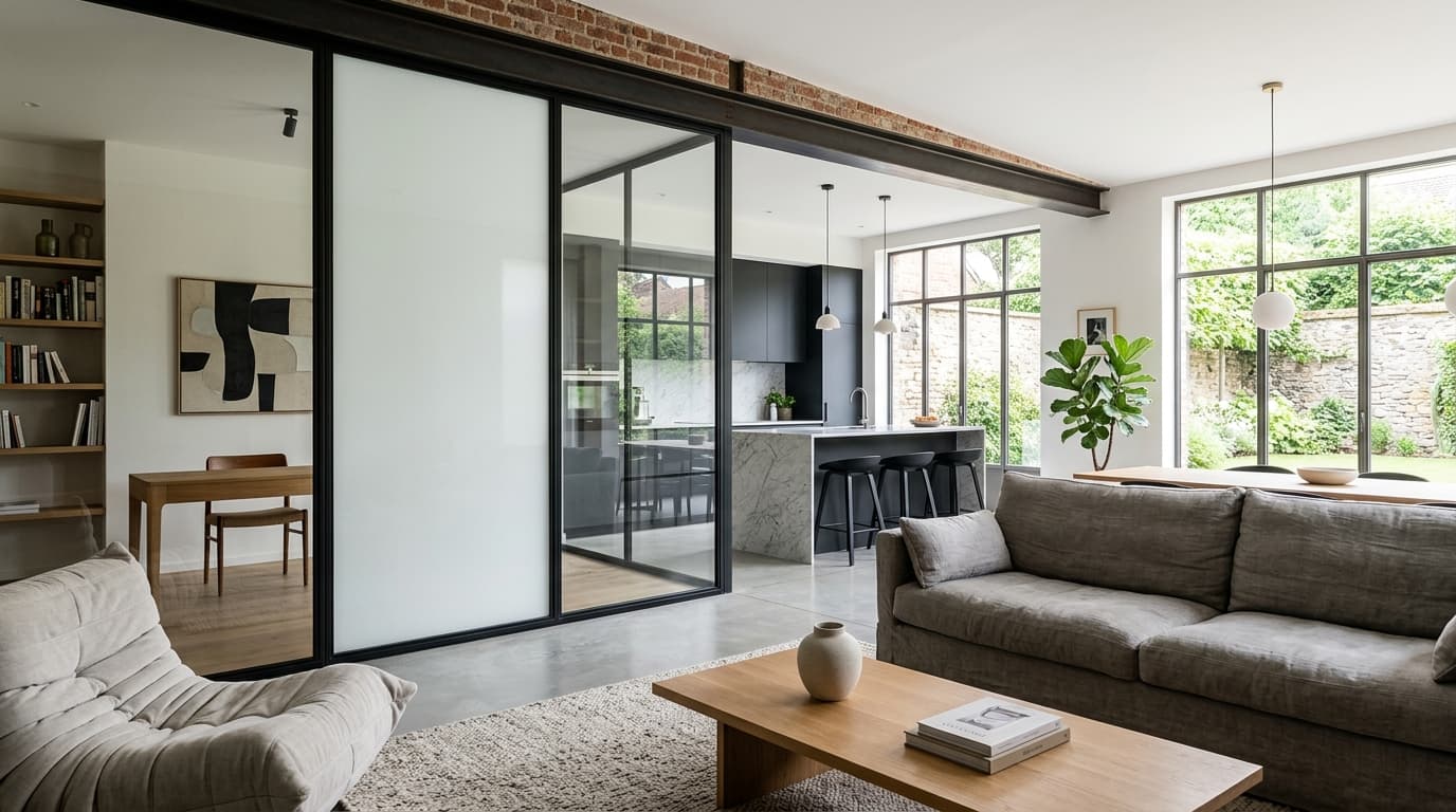 Intérieur contemporain rénové : Vitrage opacifiant à cristaux liquides