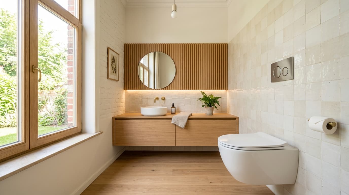 Intérieur contemporain rénové : WC suspendu avec bâti-support