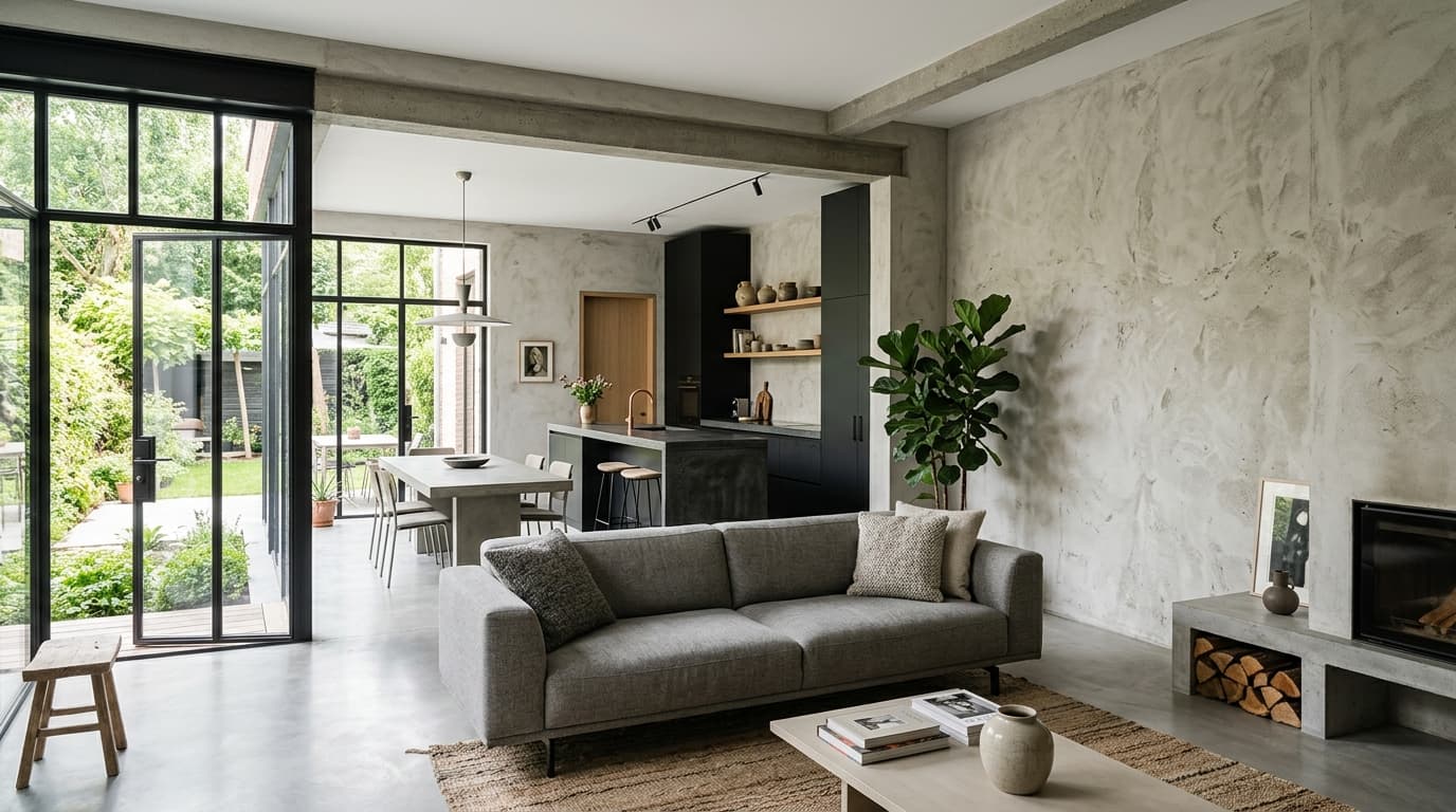Intérieur contemporain rénové : Enduits texturés à l'effet béton