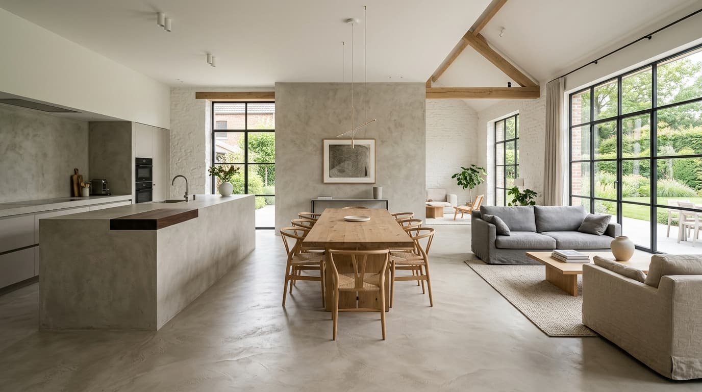 Intérieur contemporain rénové : Micro-ciment et béton ciré