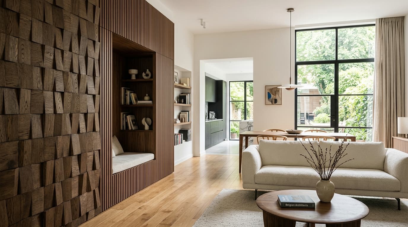 Intérieur contemporain rénové : Panneaux muraux 3D et tasseaux de bois
