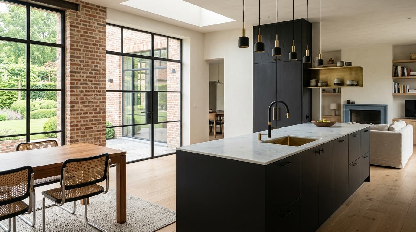Intérieur contemporain rénové : Quincaillerie noire mat et laiton brossé