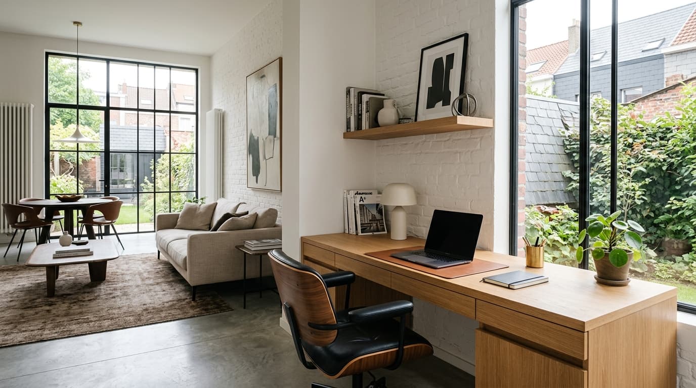 Intérieur contemporain rénové : Un coin bureau dans le salon