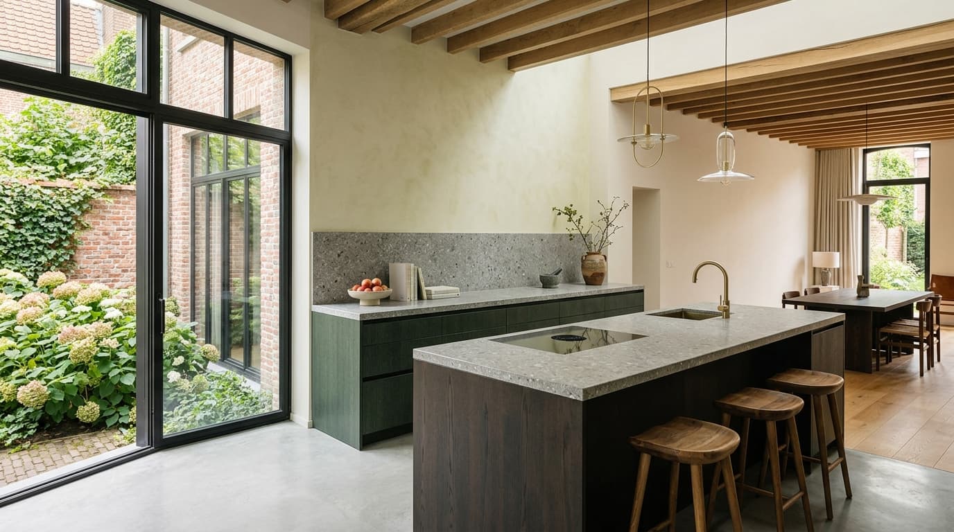 Intérieur contemporain rénové : Une cuisine sans meubles hauts