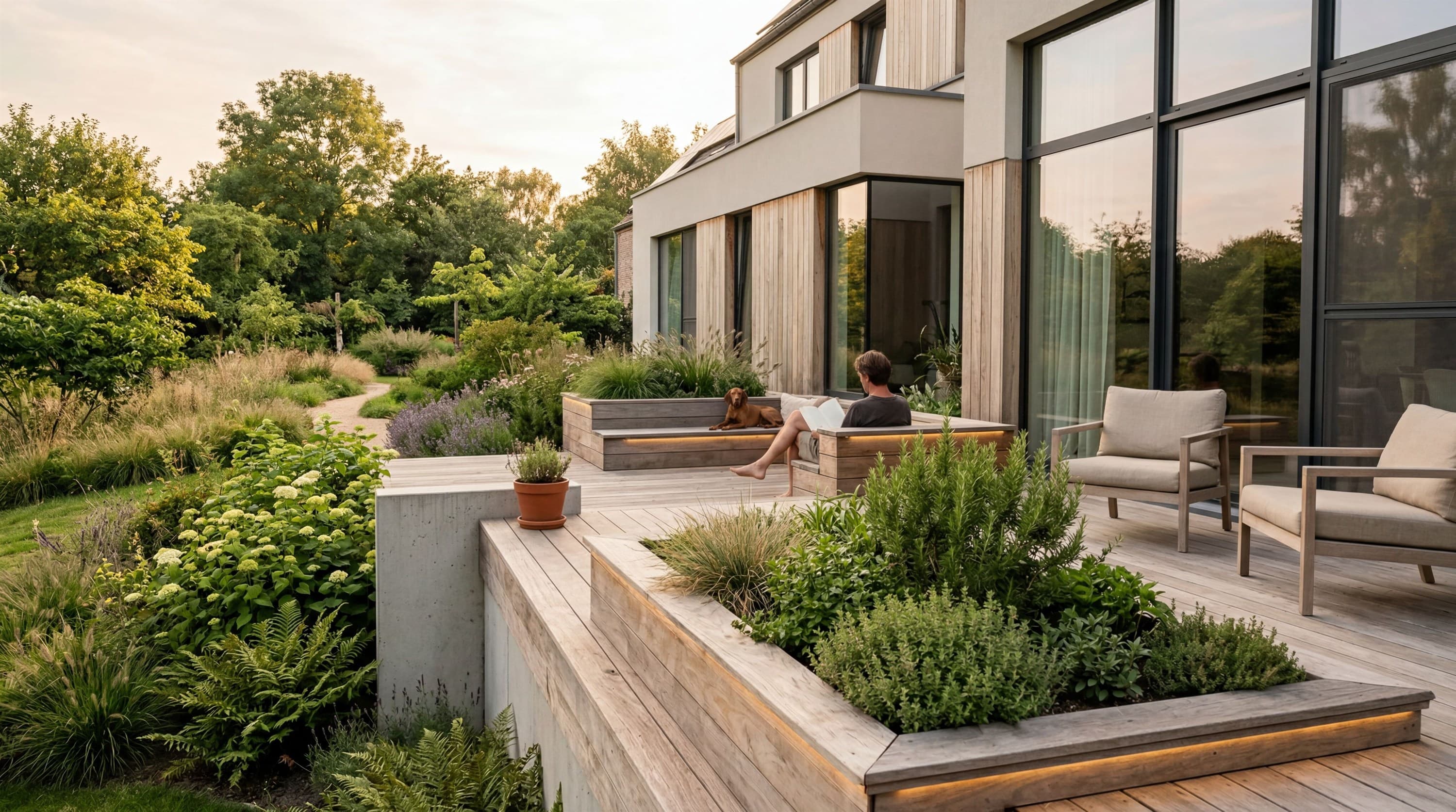 Terrasse en bois et jardin aménagé à l'arrière d'une maison