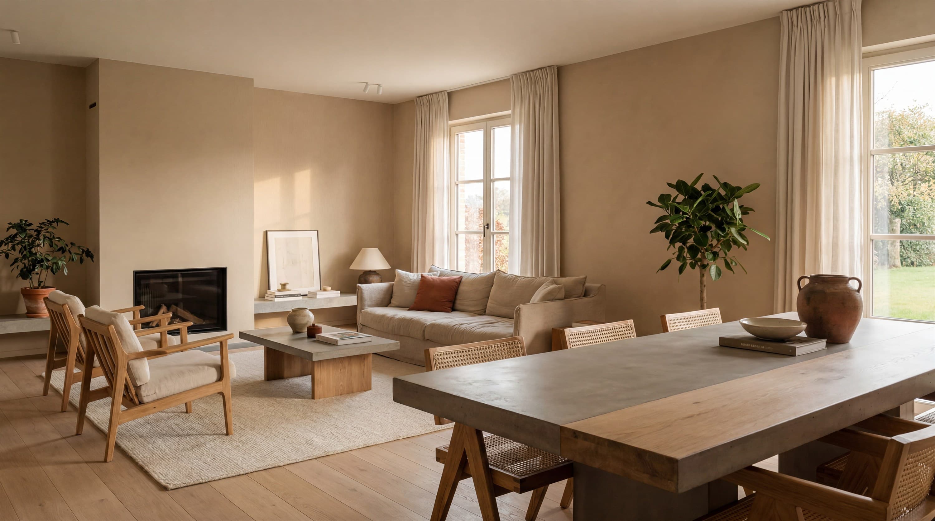 Séjour et salle à manger rénovés, murs enduits et parquet clair