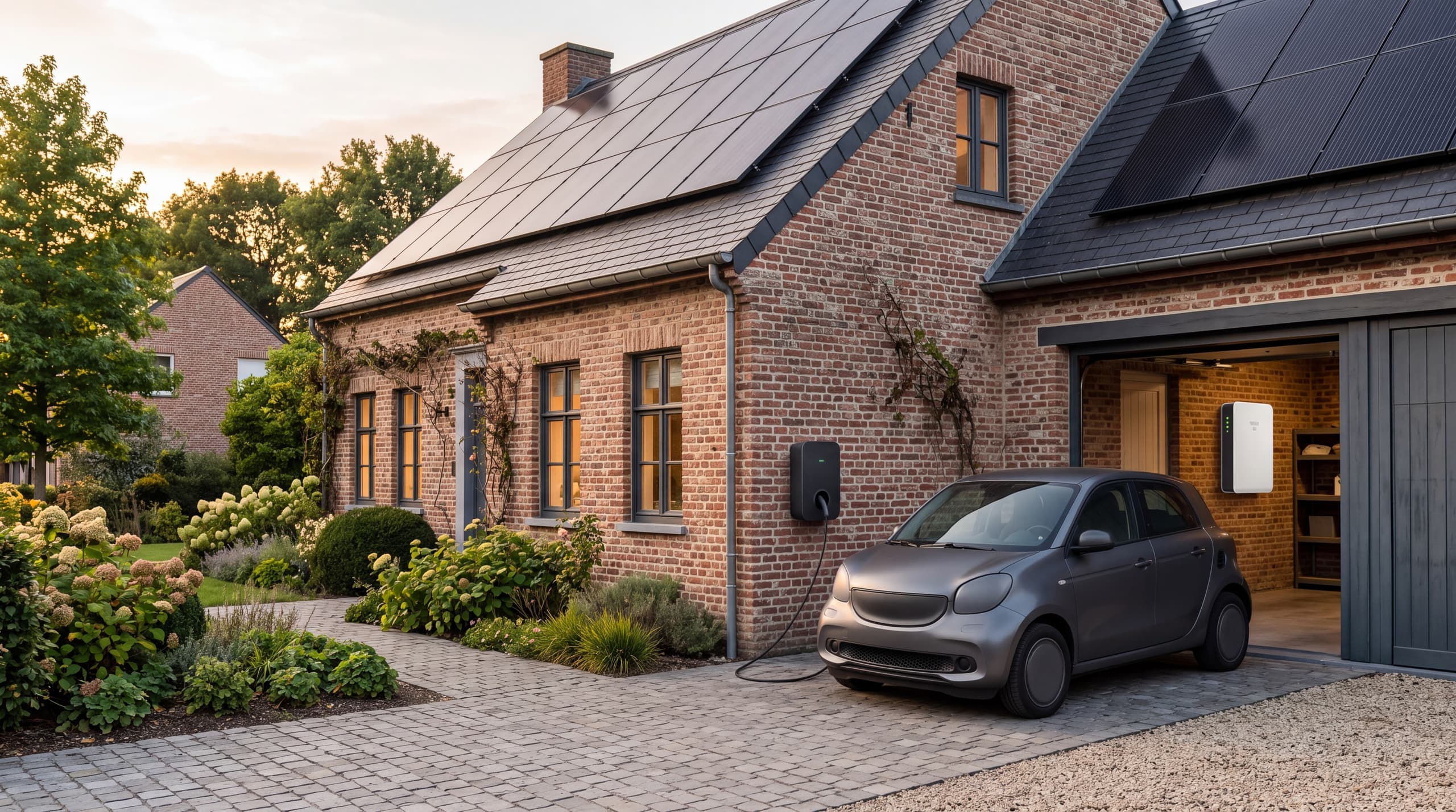 Borne de recharge murale branchée à une voiture électrique devant une maison en briques, panneaux photovoltaïques sur le toit