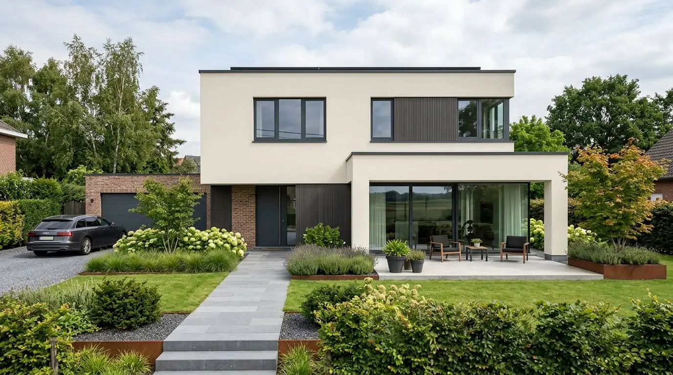 Maison belge contemporaine rénovée : Crépi sur isolant (ETICS)