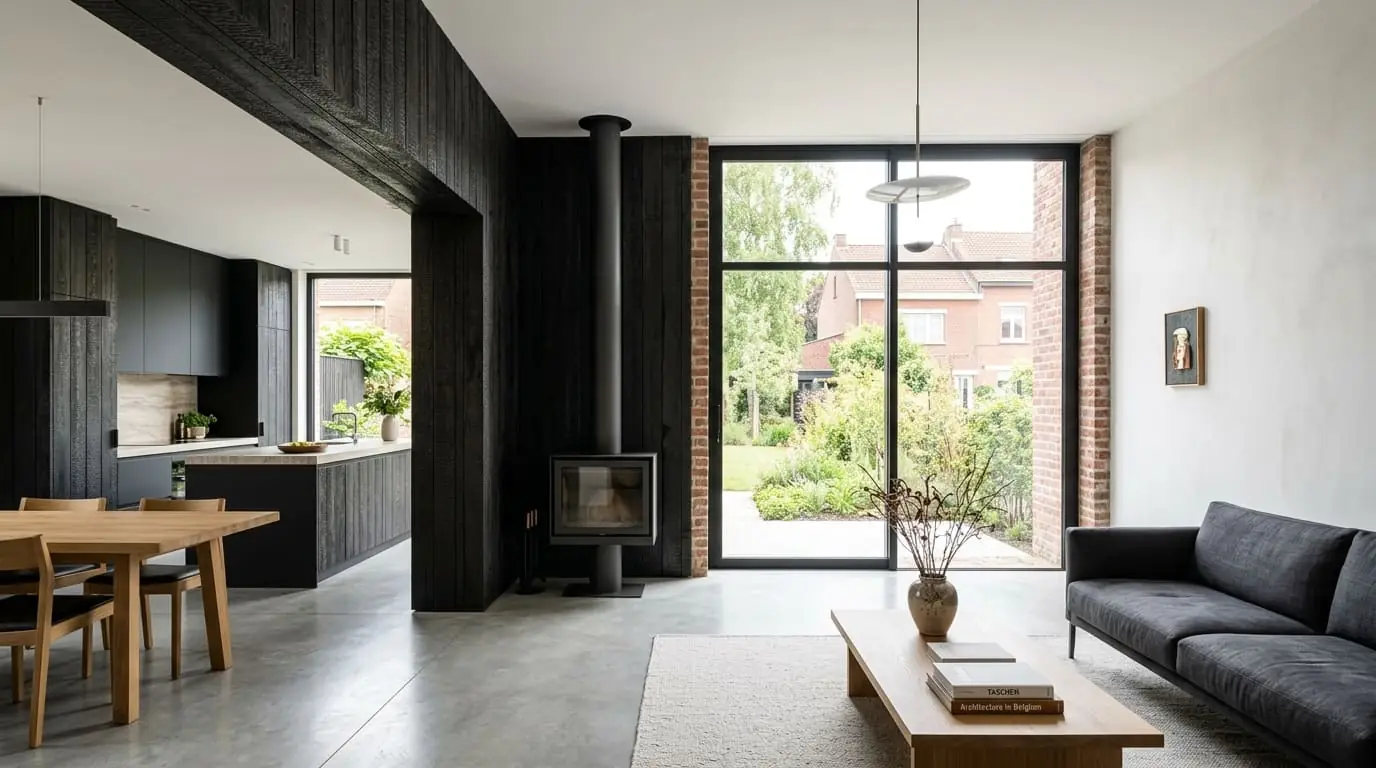 Intérieur contemporain rénové, illustration de l'article sur le bois brûlé Shou Sugi Ban