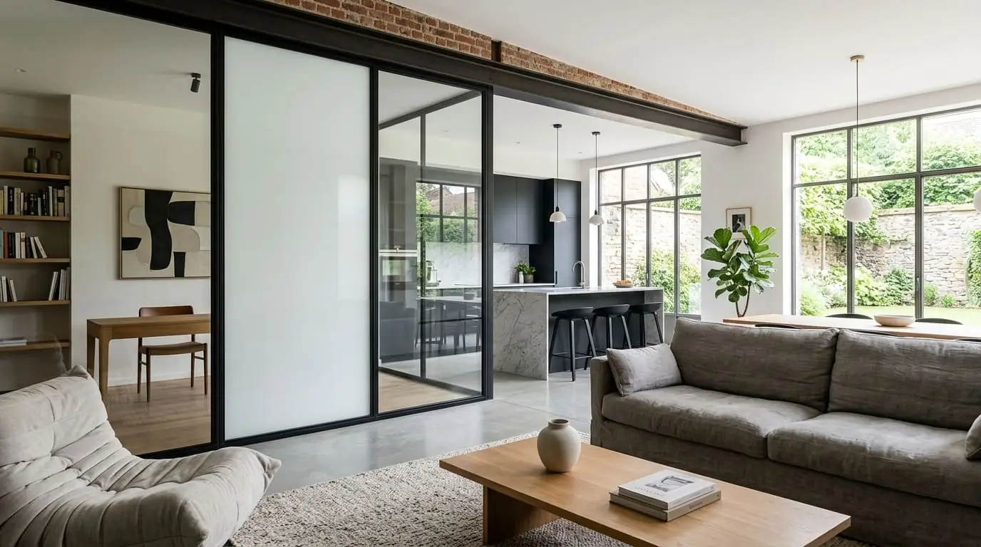 Intérieur contemporain rénové : Vitrage opacifiant à cristaux liquides