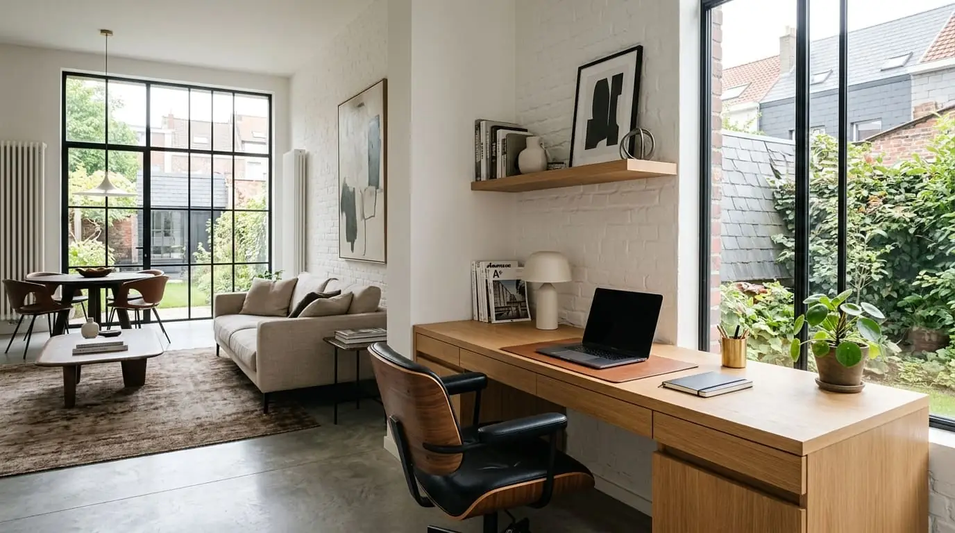 Intérieur contemporain rénové : un coin bureau dans le salon