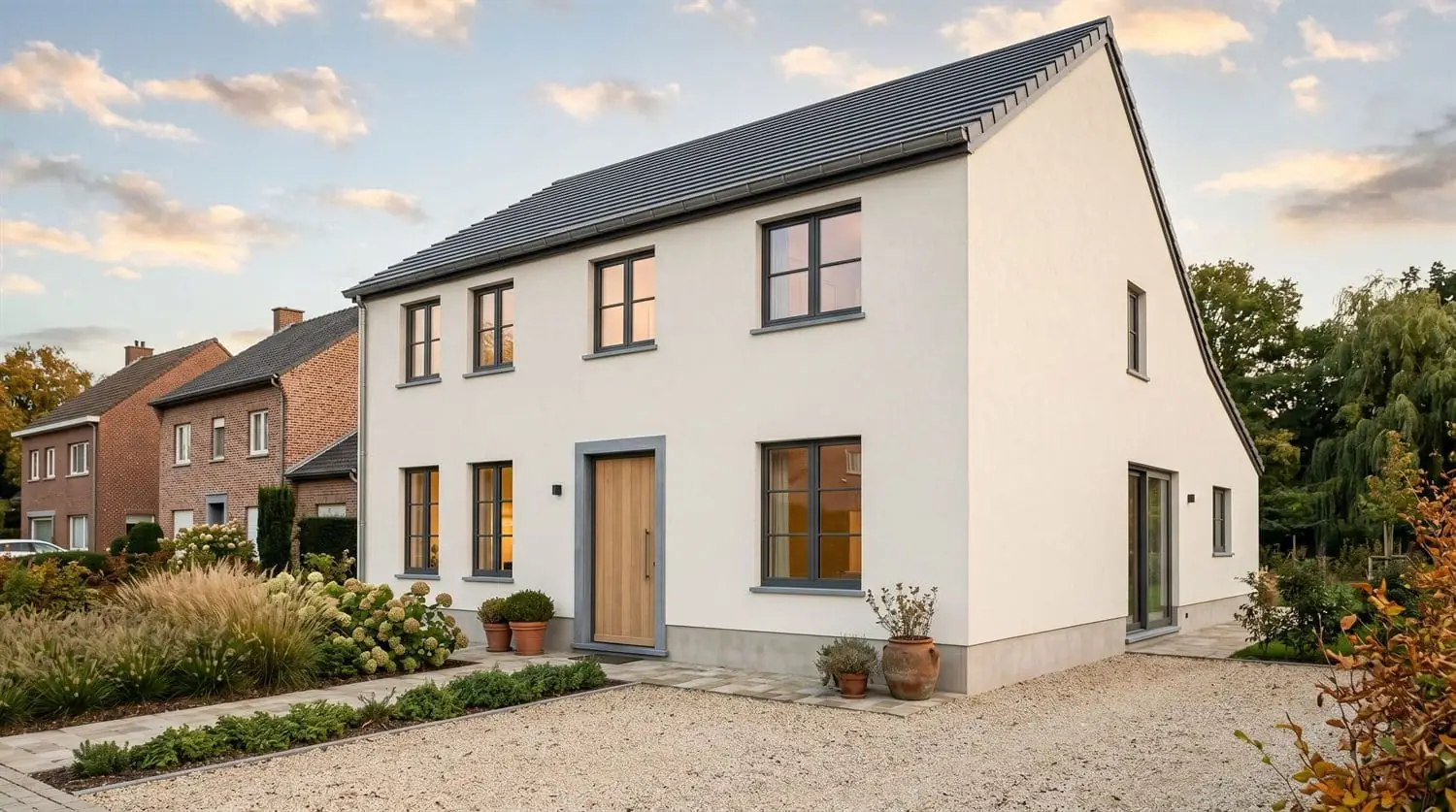 Façade de maison rénovée, enduit clair et menuiseries anthracite