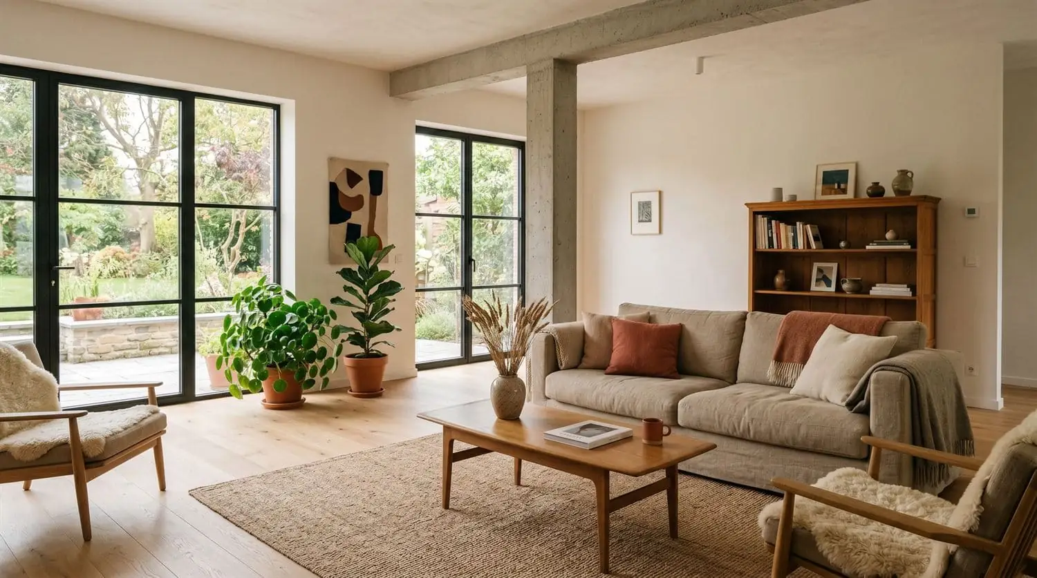 Salon rénové lumineux avec parquet en chêne