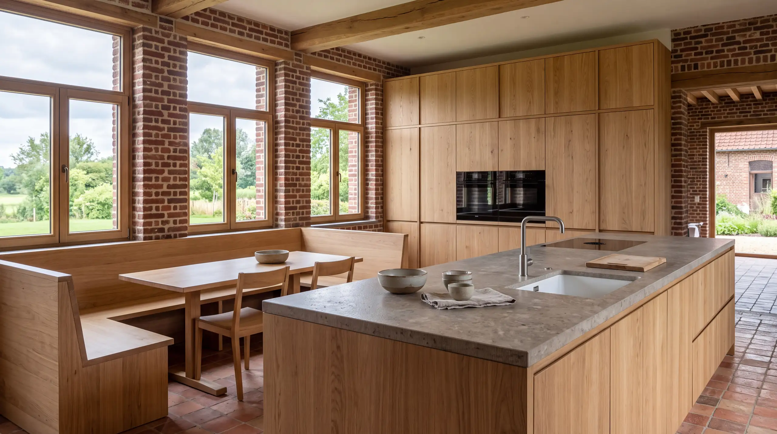 Cuisine sur mesure en chêne clair avec îlot et rangements toute hauteur dans une fermette rénovée